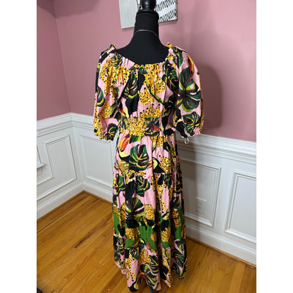 Farm Rio The Pink Toucananas Maxi Dress Size XS Graphic Print 3/4 Sleeve Cotton