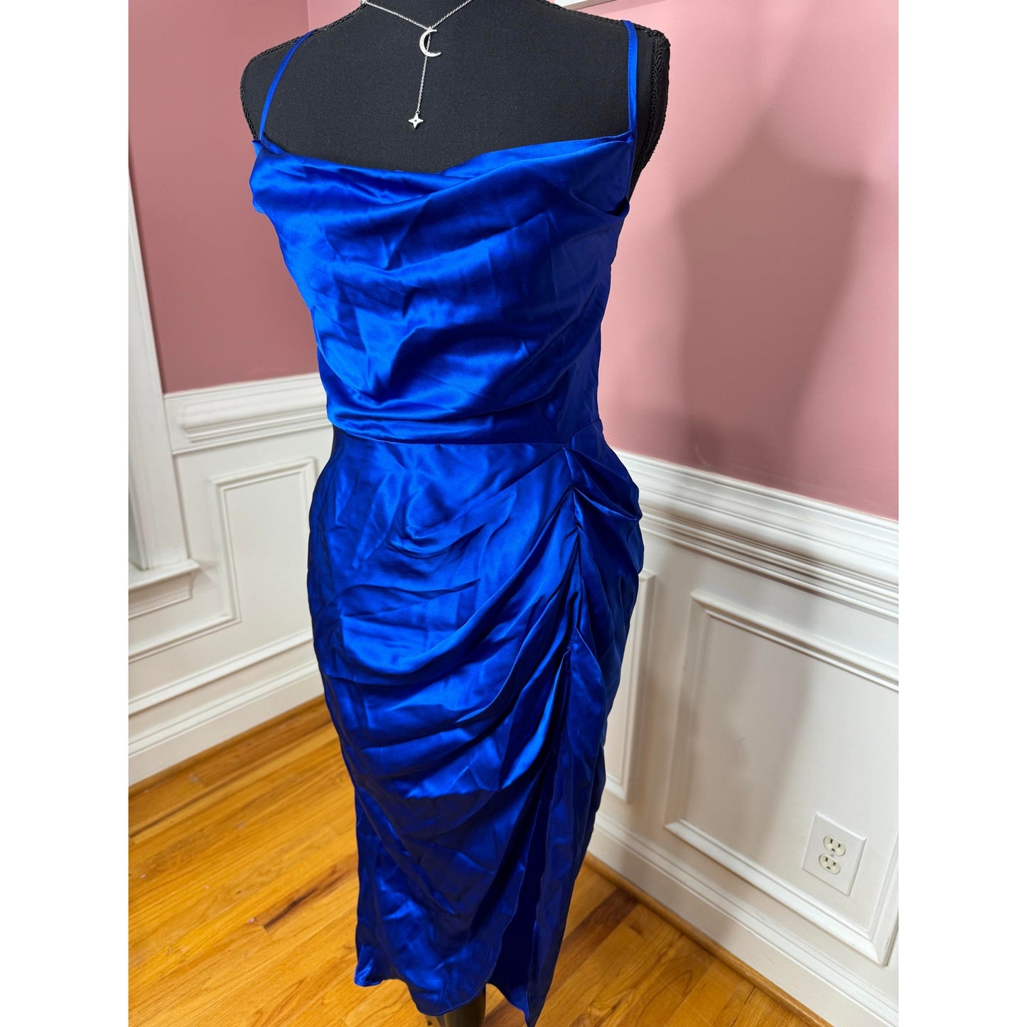 Amanda Uprichard Jasalina Dress in Branson Blue Large Satin Backless Cross Strap