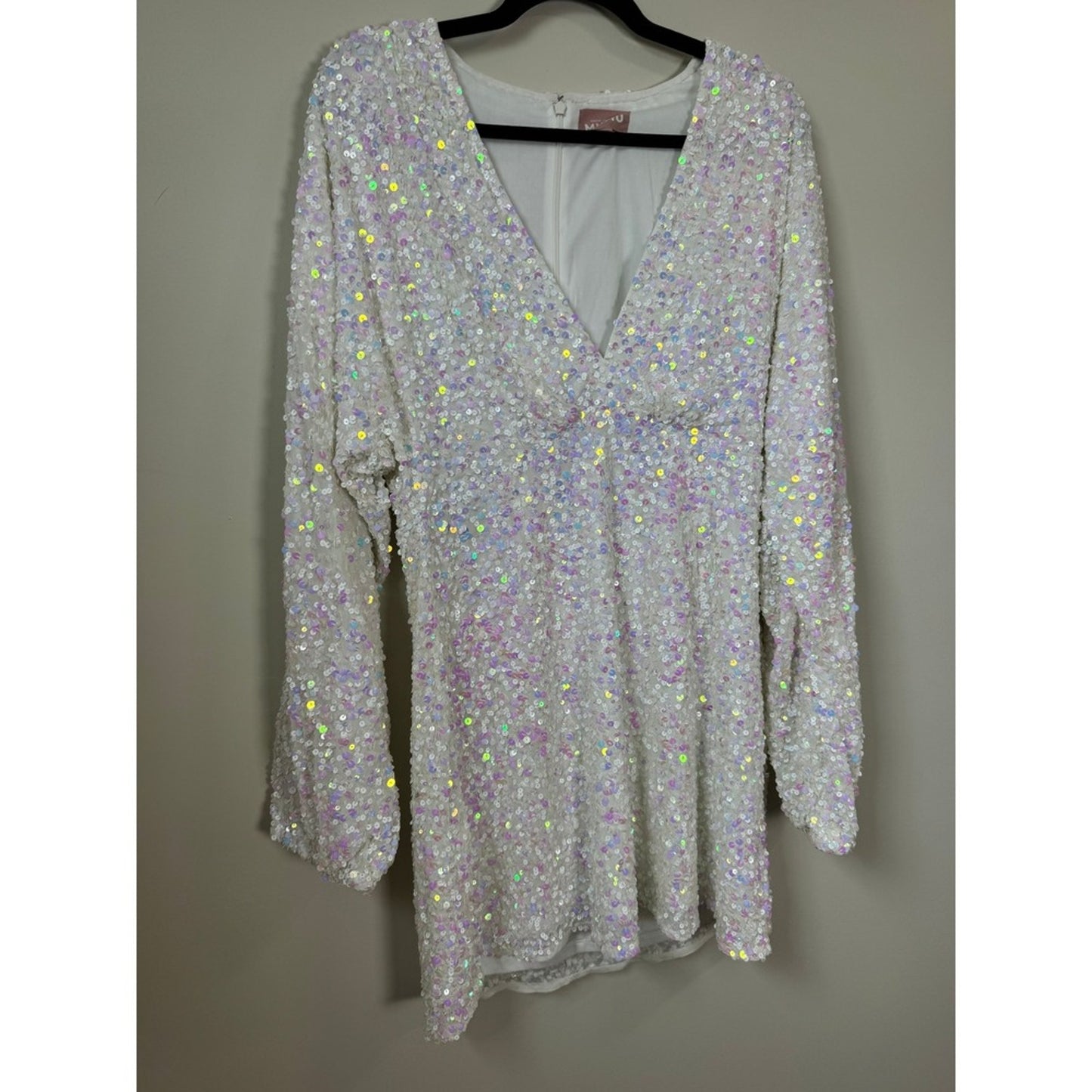 Show Me Your Mumu White Iridescent Sequin Mini Dress Long Sleeve V-Neck XL