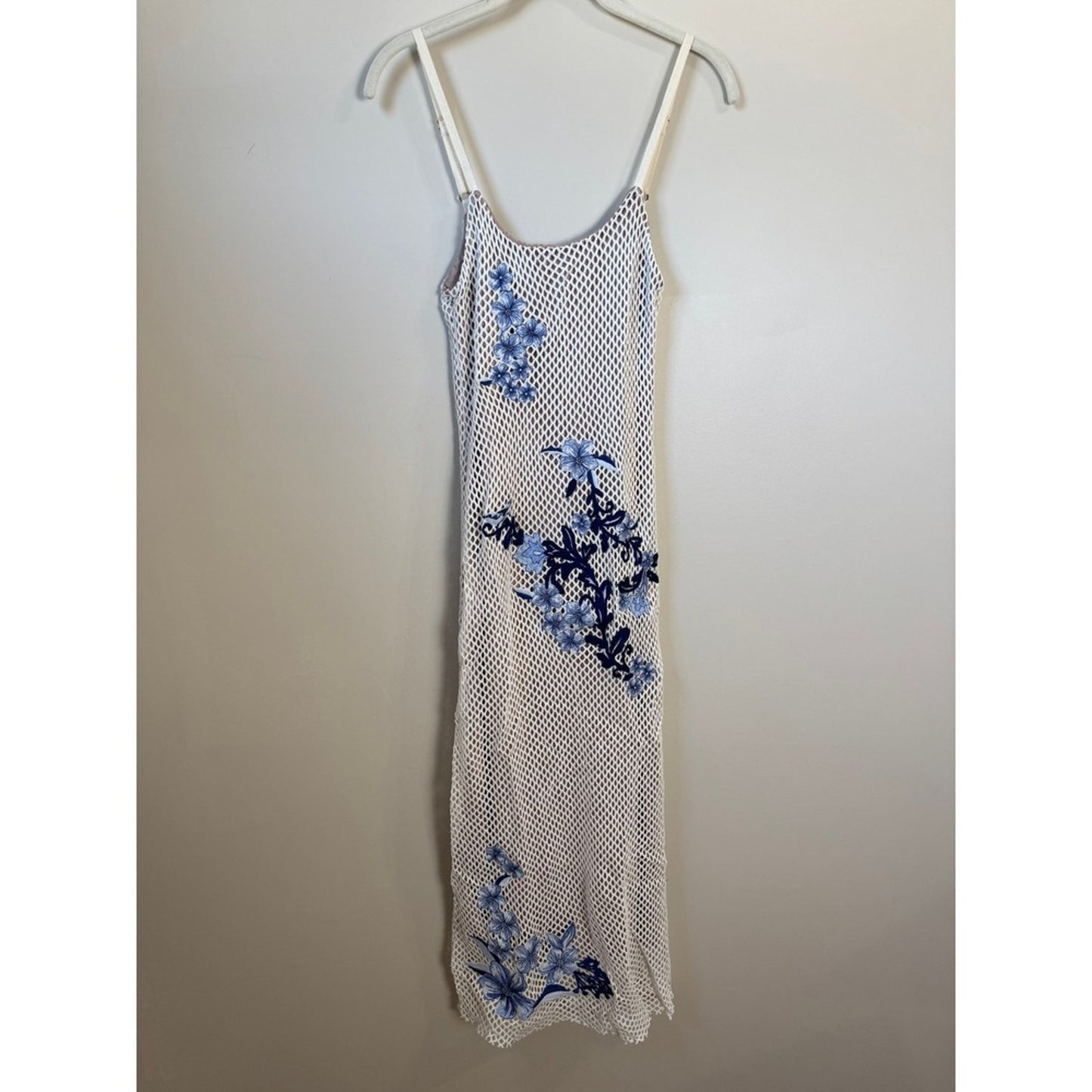 Agua Bendita White Fishnet Mesh Blue Floral Embroidered Midi Dress Bodycon Lined