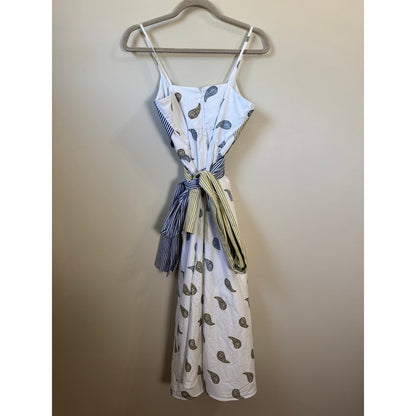 Silvia Tcherassi Mixed Print Paisley Striped Wrap Midi Dress White Blue Olive