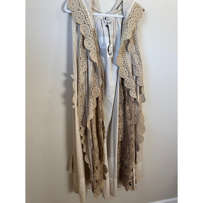 Jaded Gypsy Willow Wind Long Duster Vest Kimono Lace Trim Beige Boho Festival