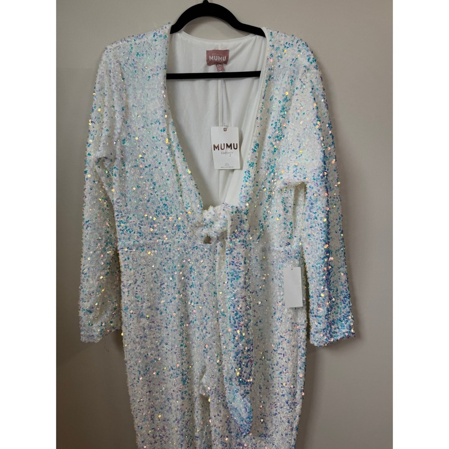 Show Me Your Mumu White Iridescent Sequin Jumpsuit Tie Front Flare XXL NEW
