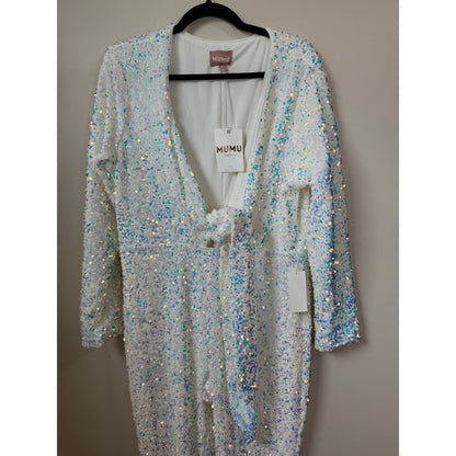 Show Me Your Mumu White Iridescent Sequin Jumpsuit Tie Front Flare XXL NEW