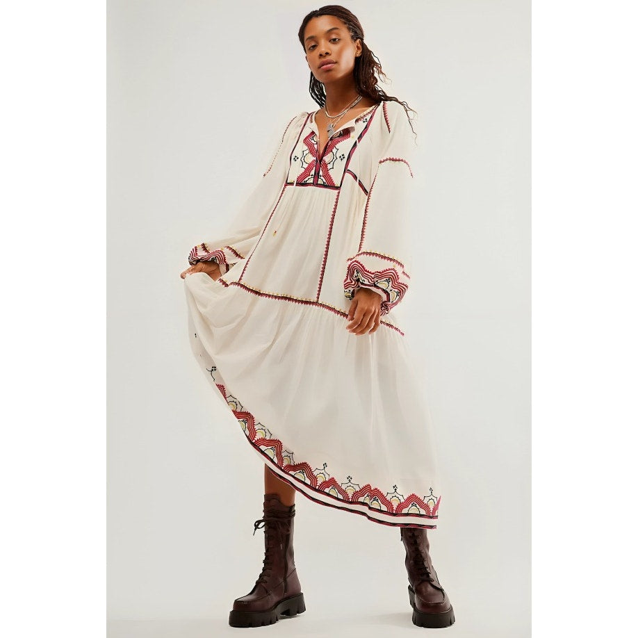 Free People Sweet Escape Midi Dress in White Medium Embroidered Long Sleeve