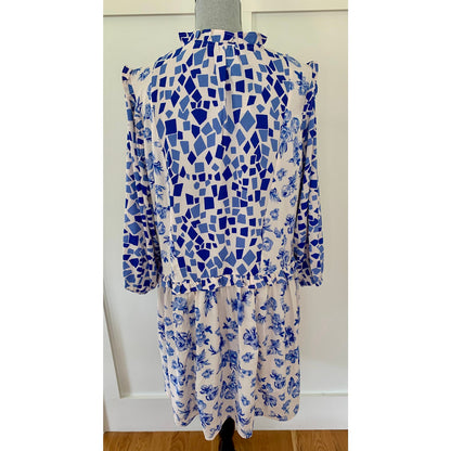 Tolani Collection Mae Mini Dress Geo Floral Blue/White Large Long Sleeve Ruffle