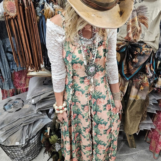 A Rare Bird Handmade Pink Floral Rose Ruffle Maxi Dress Boho Cottagecore New