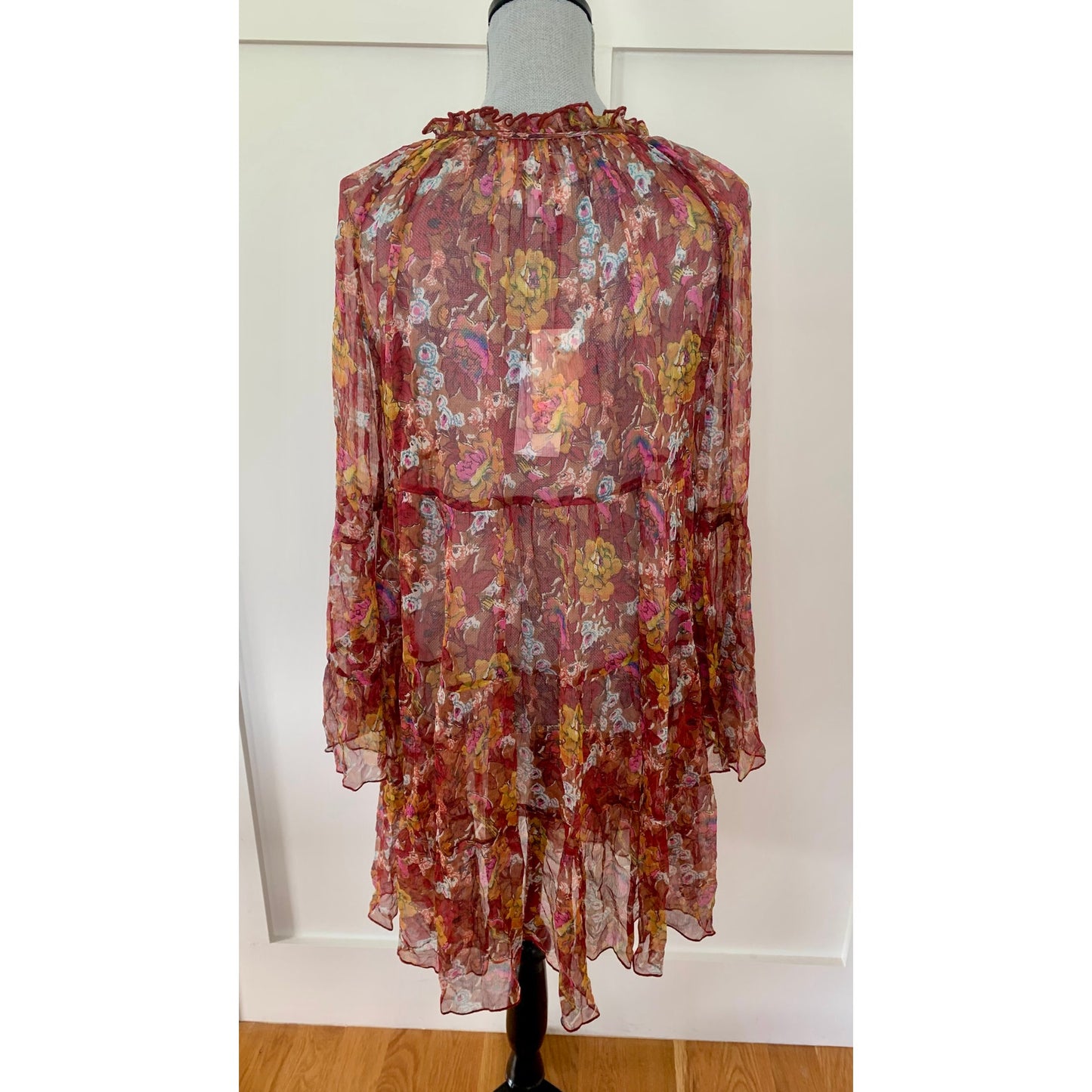 Johnny Was Daisy Mini Dress in Multi Floral Small Long Sleeve Ruffle Sheer Silk