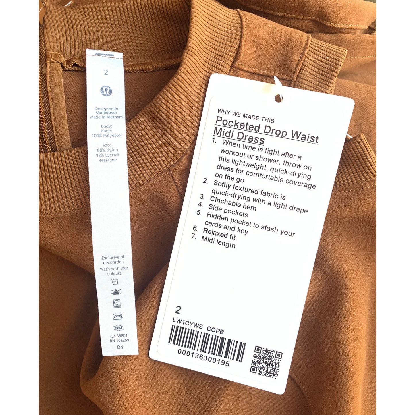 Lululemon Pocketed Drop Waist Midi Dress Copper Brown Size 2 Sleeveless Zip Back