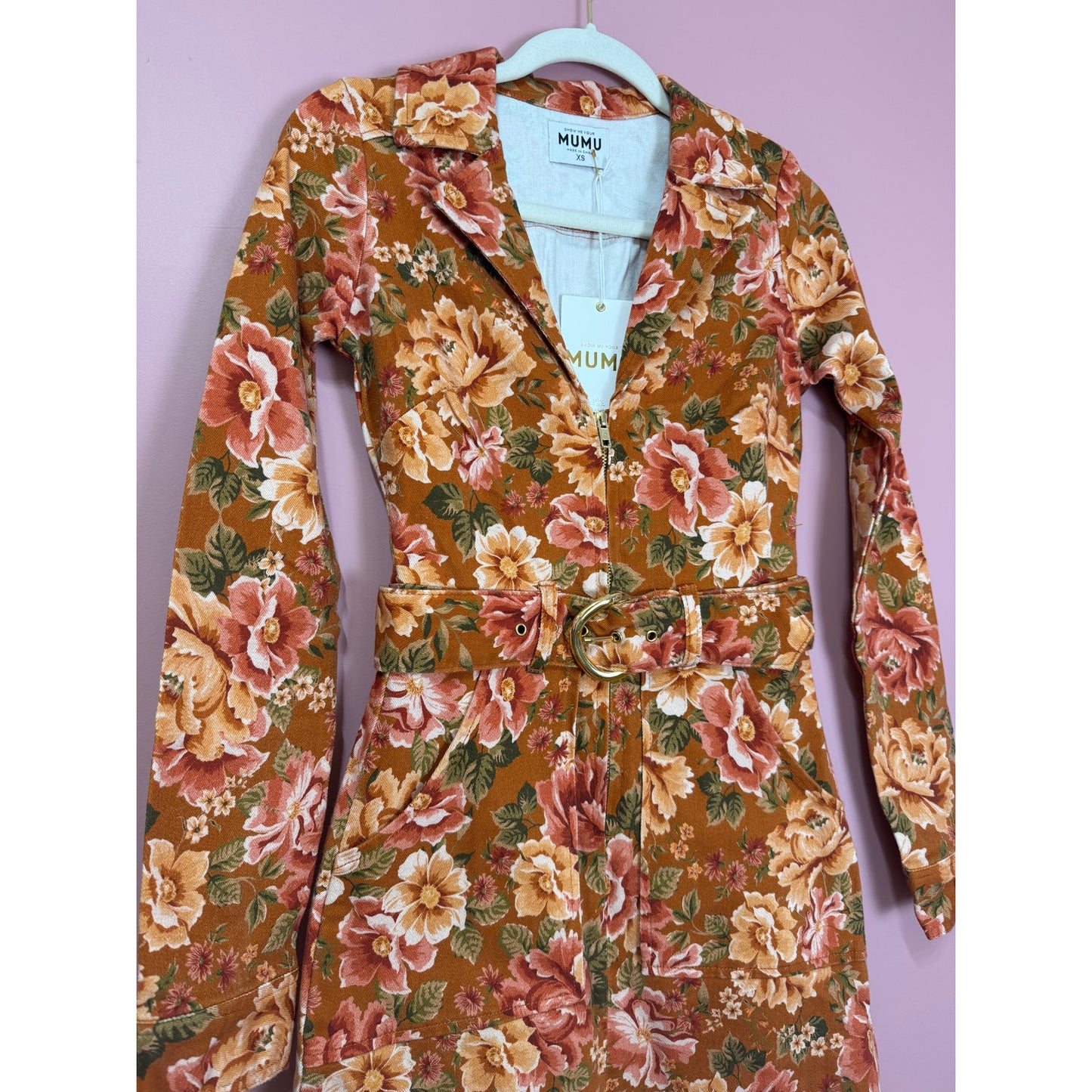 Show Me Your Mumu Outlaw Denim Long Sleeve Mini Dress Garden Harvest Size XS