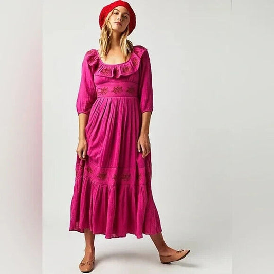 Free People Lovers Lane Maxi Dress in Pink Phenom Medium Floral Embroidered