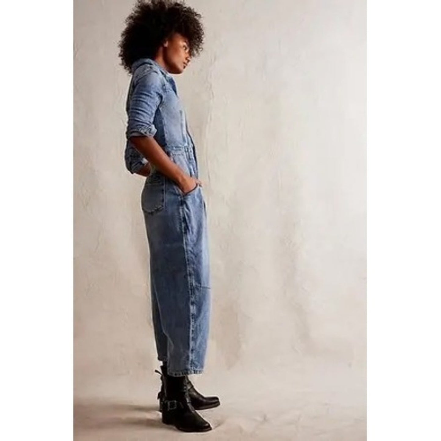 We The Free Free People Marci Denim Jumpsuit Blue Acid Wash Utility Size S