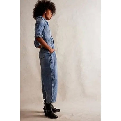We The Free Free People Marci Denim Jumpsuit Blue Acid Wash Utility Size S