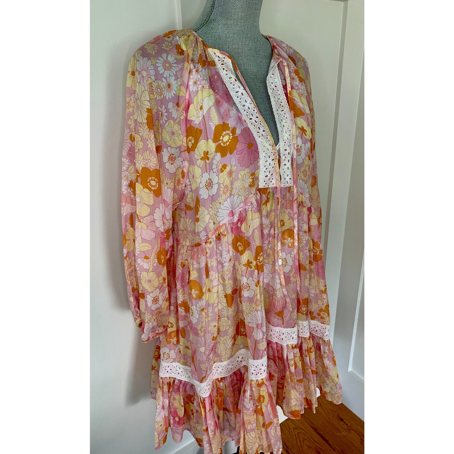 Maje Rolella Flower Power Babydoll Dress with Slip Size 38 Floral Long Sleeve