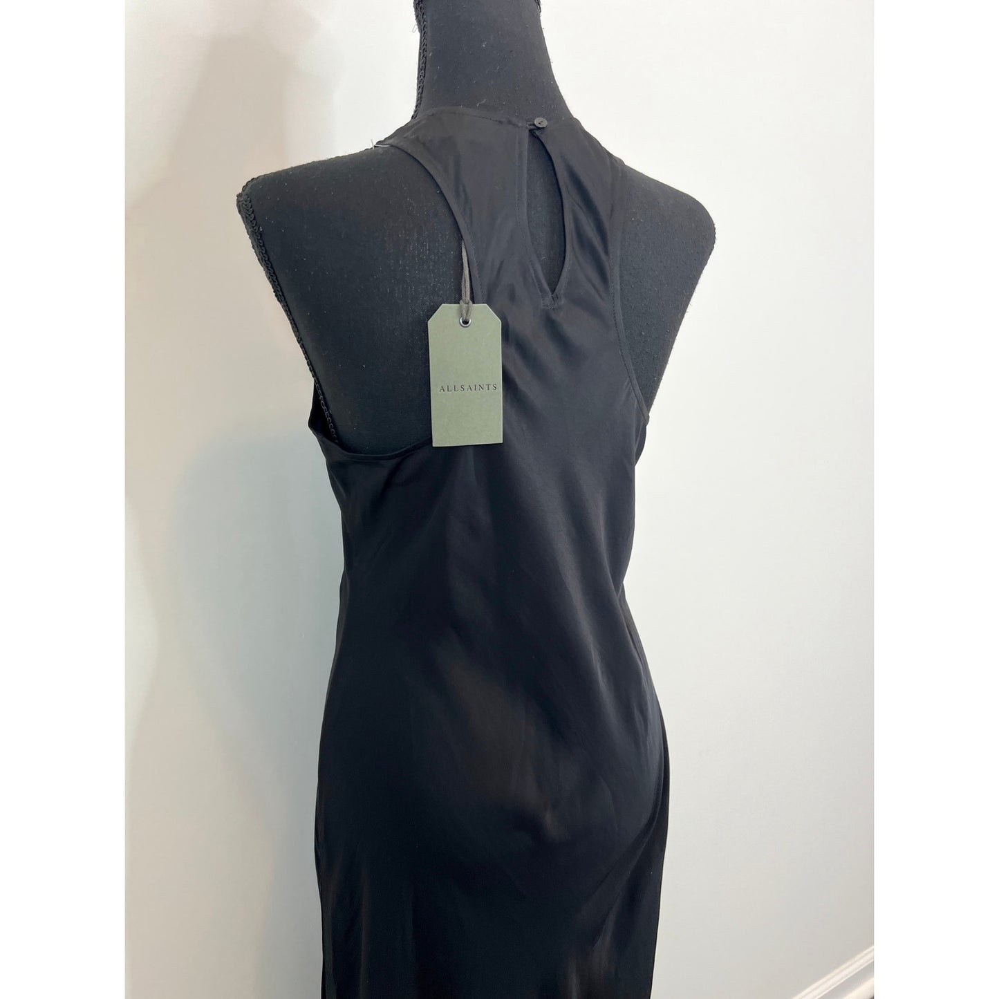 ALLSAINTS Batina Racer Back Maxi Dress in Black Size 8 Satin Keyhole Sleeveless