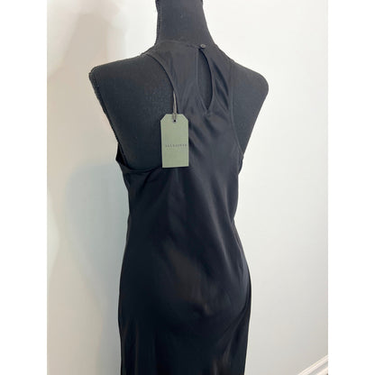 ALLSAINTS Batina Racer Back Maxi Dress in Black Size 8 Satin Keyhole Sleeveless