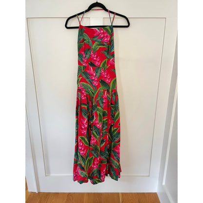Farm Rio Tropical Maxi Dress Red Green Floral Spaghetti Strap Open Back XL