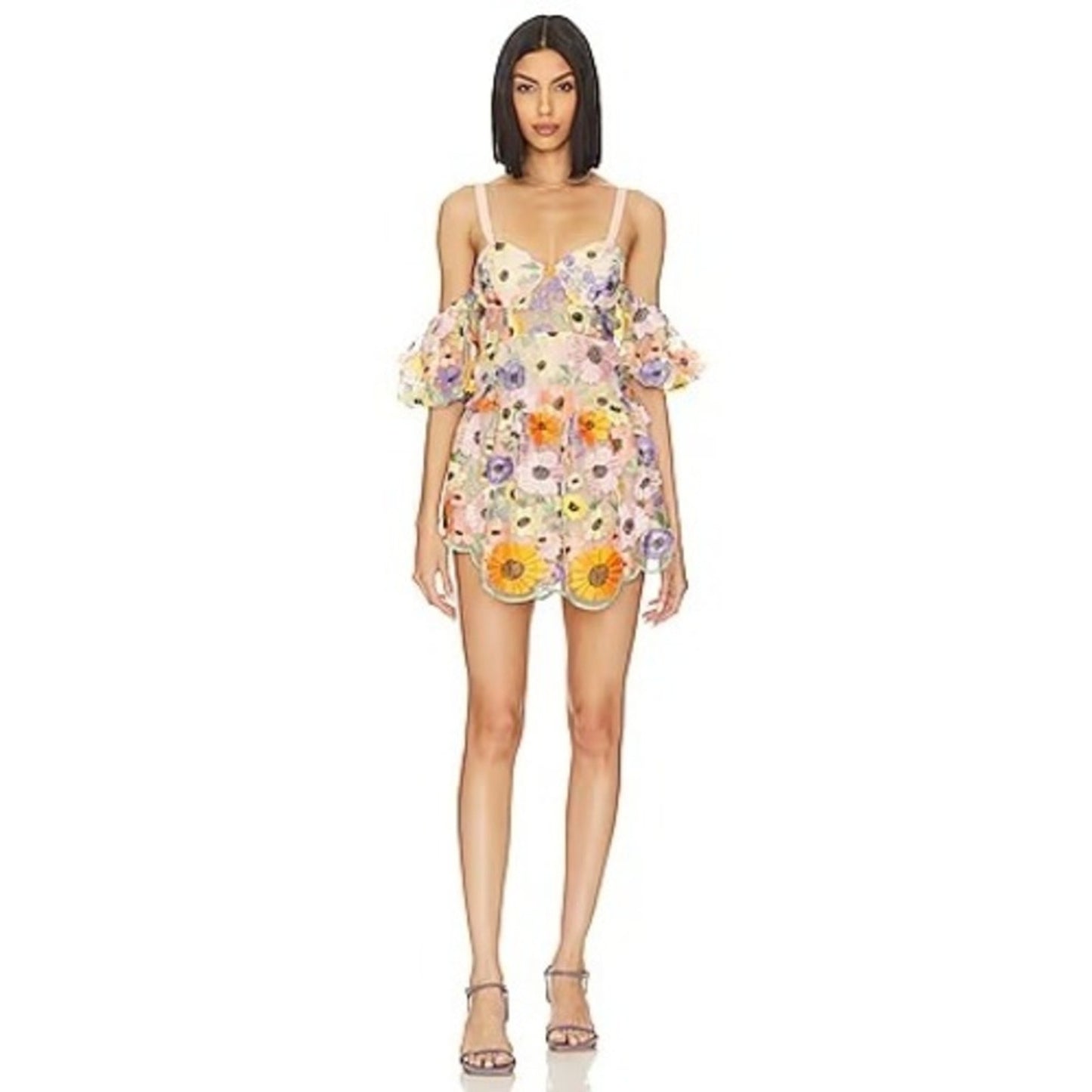 For Love & Lemons Pink Floral Embroidered Bustier Mini Dress Puff Sleeve New