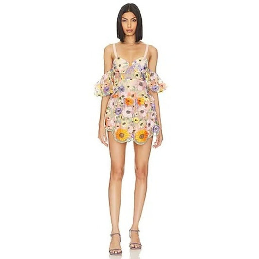 For Love & Lemons Pink Floral Embroidered Bustier Mini Dress Puff Sleeve New