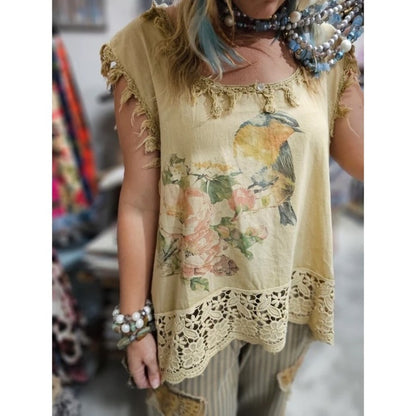 A Rare Bird Tan Bird Floral Butterfly Crochet Lace Trim Frayed Boho Top