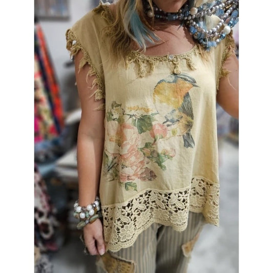 A Rare Bird Tan Bird Floral Butterfly Crochet Lace Trim Frayed Boho Top