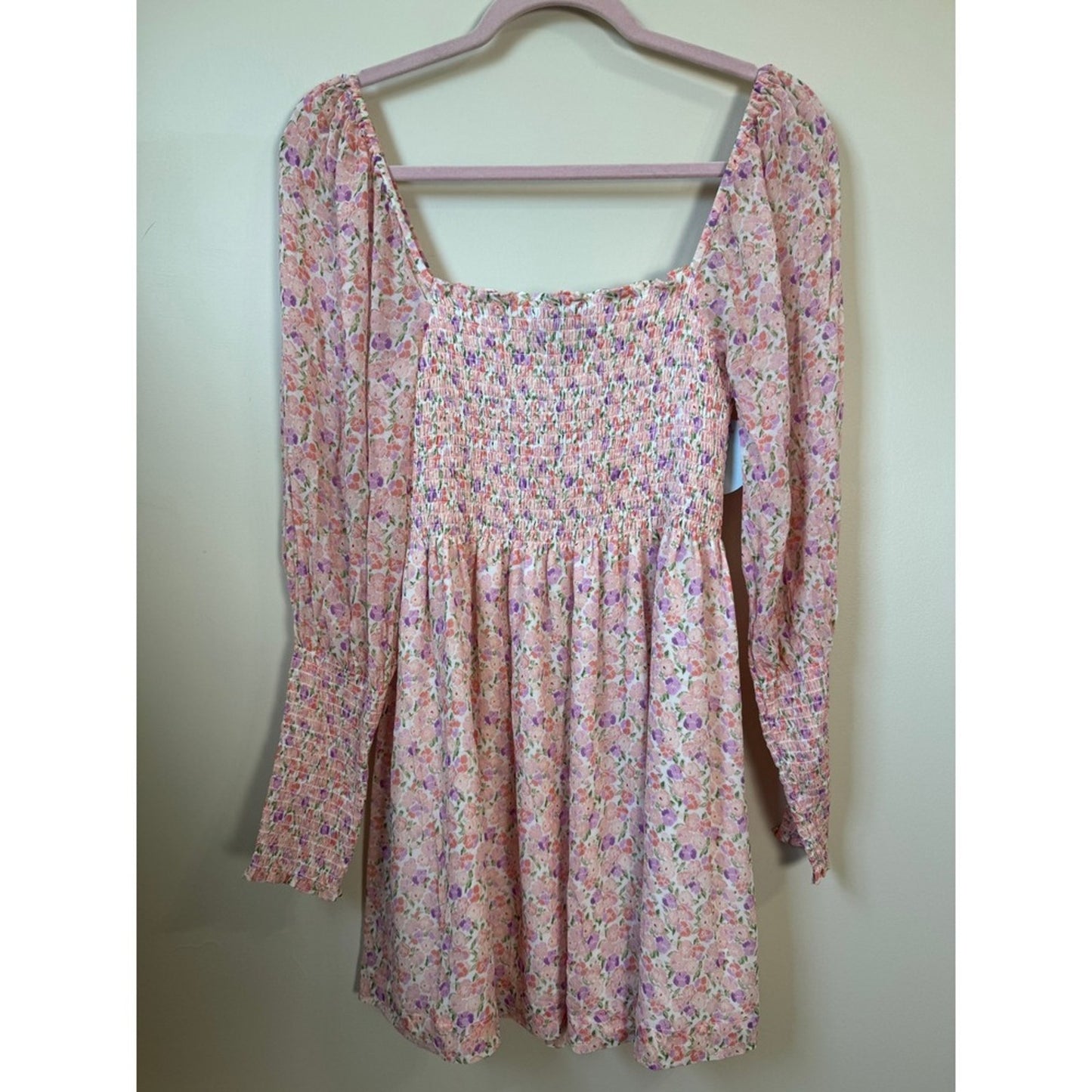 Hill House Home Grace Nap Dress Pink Purple Floral Smocked Long Sleeve Mini NEW