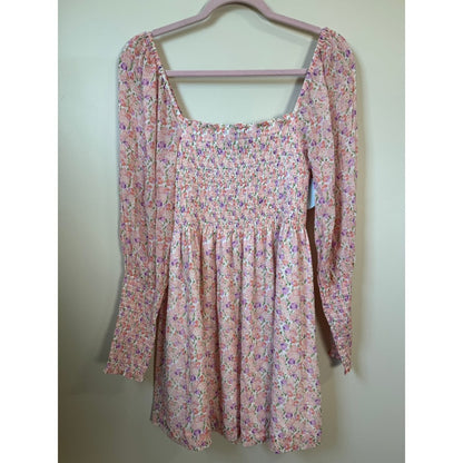 Hill House Home Grace Nap Dress Pink Purple Floral Smocked Long Sleeve Mini NEW