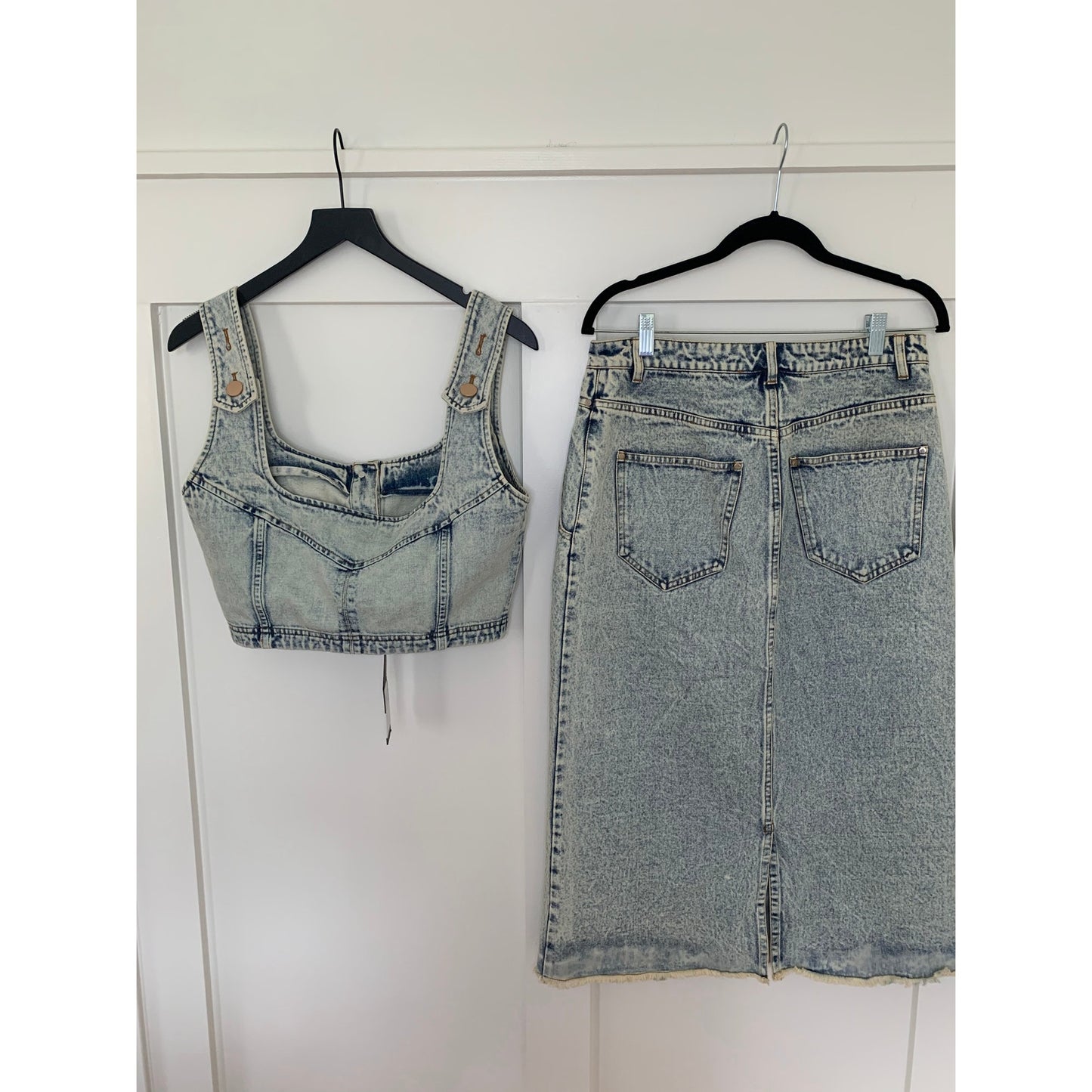 Elliatt Marion Set in Light Blue Large Denim Button Front Cropped Top Midi Skirt