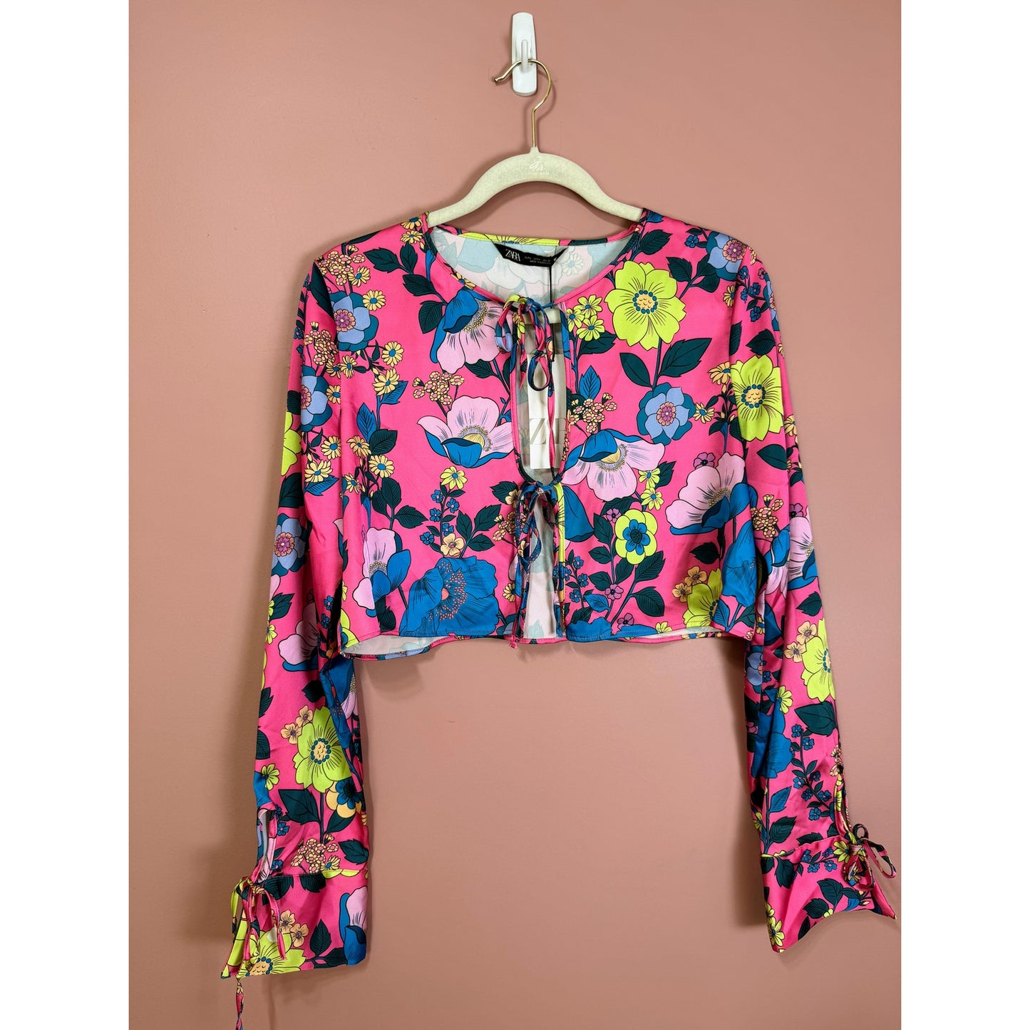 Zara Tie-Front Floral Print Satin Effect Top Size Large