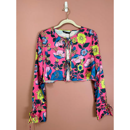 Zara Tie-Front Floral Print Satin Effect Top Size Large