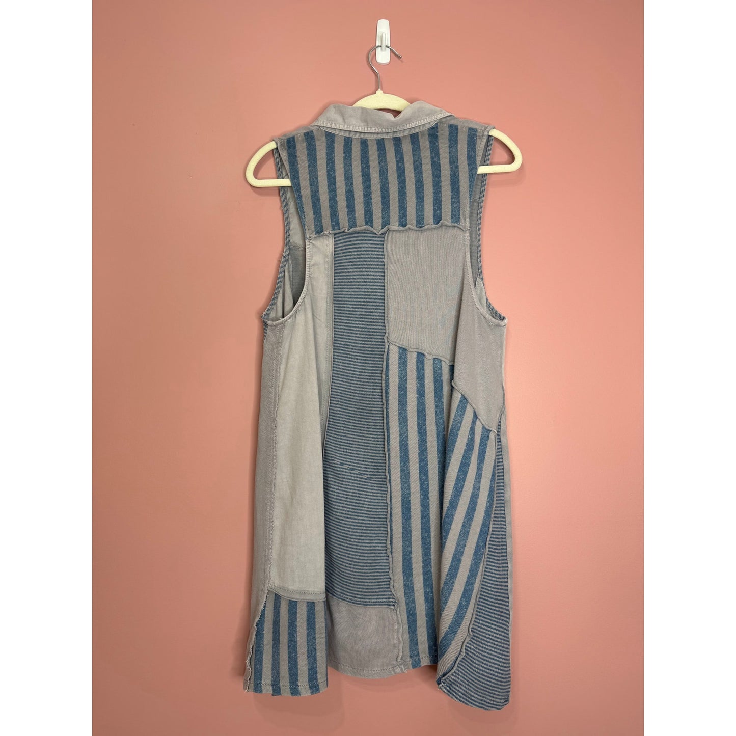Free People Santana Denim Patched Mini Dress in Blue Small Striped Sleeveless