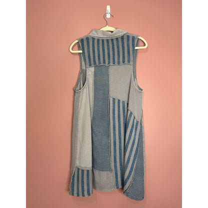 Free People Santana Denim Patched Mini Dress in Blue Small Striped Sleeveless