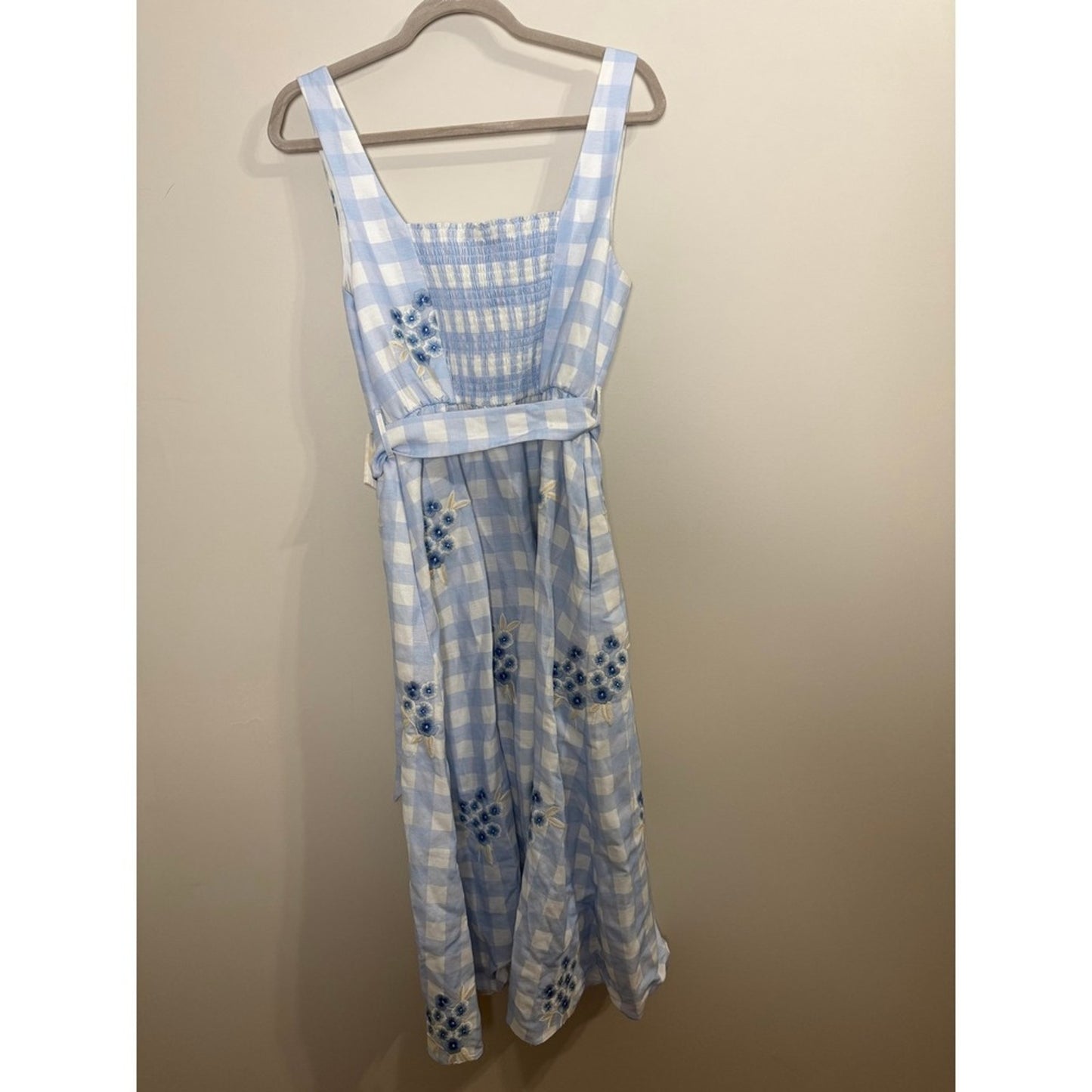 Sachin & Babi Bryce Blue Gingham Floral Embroidered Belted Midi Dress Size 8 NEW
