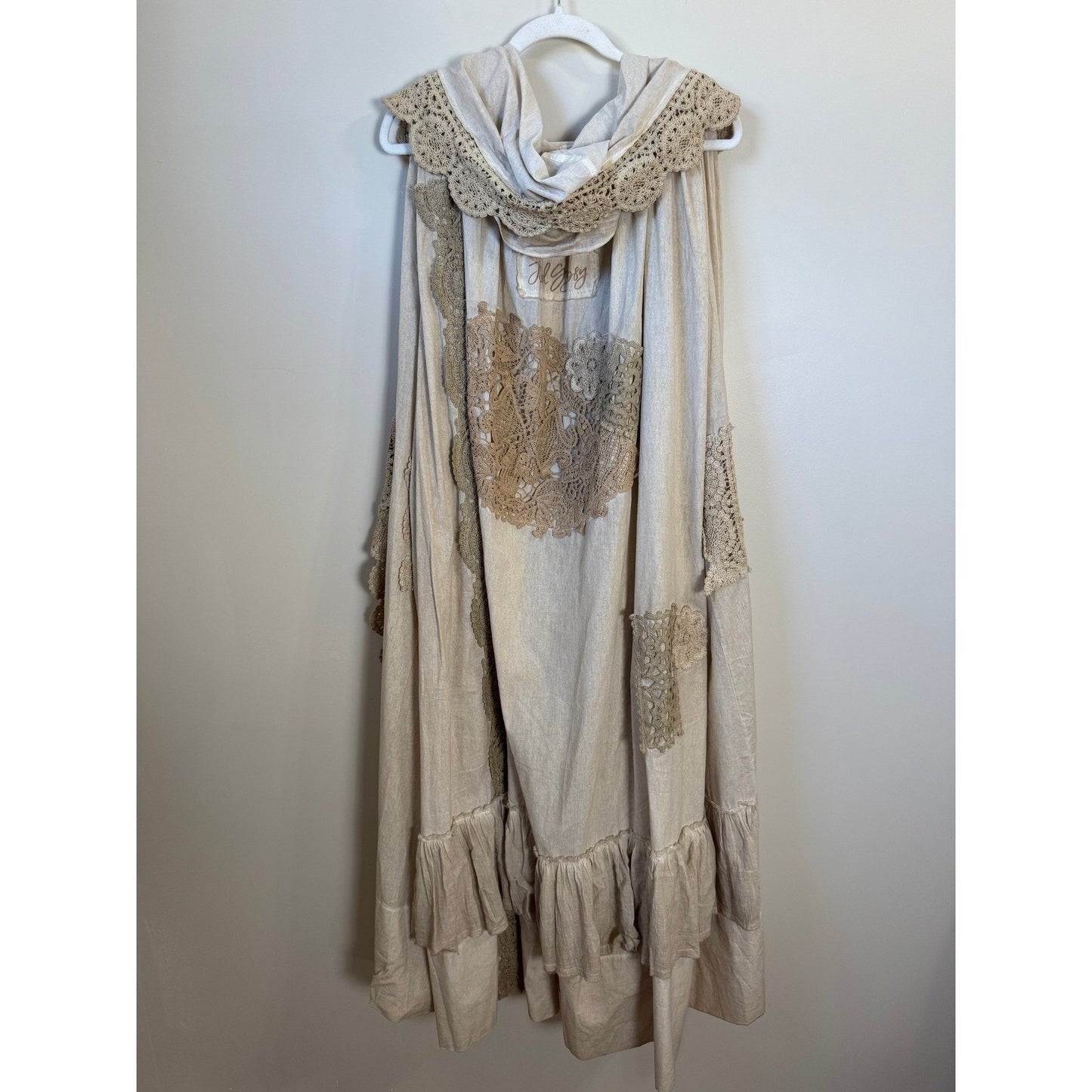 Jaded Gypsy Willow Wind Long Duster Vest Kimono Lace Trim Beige Boho Festival