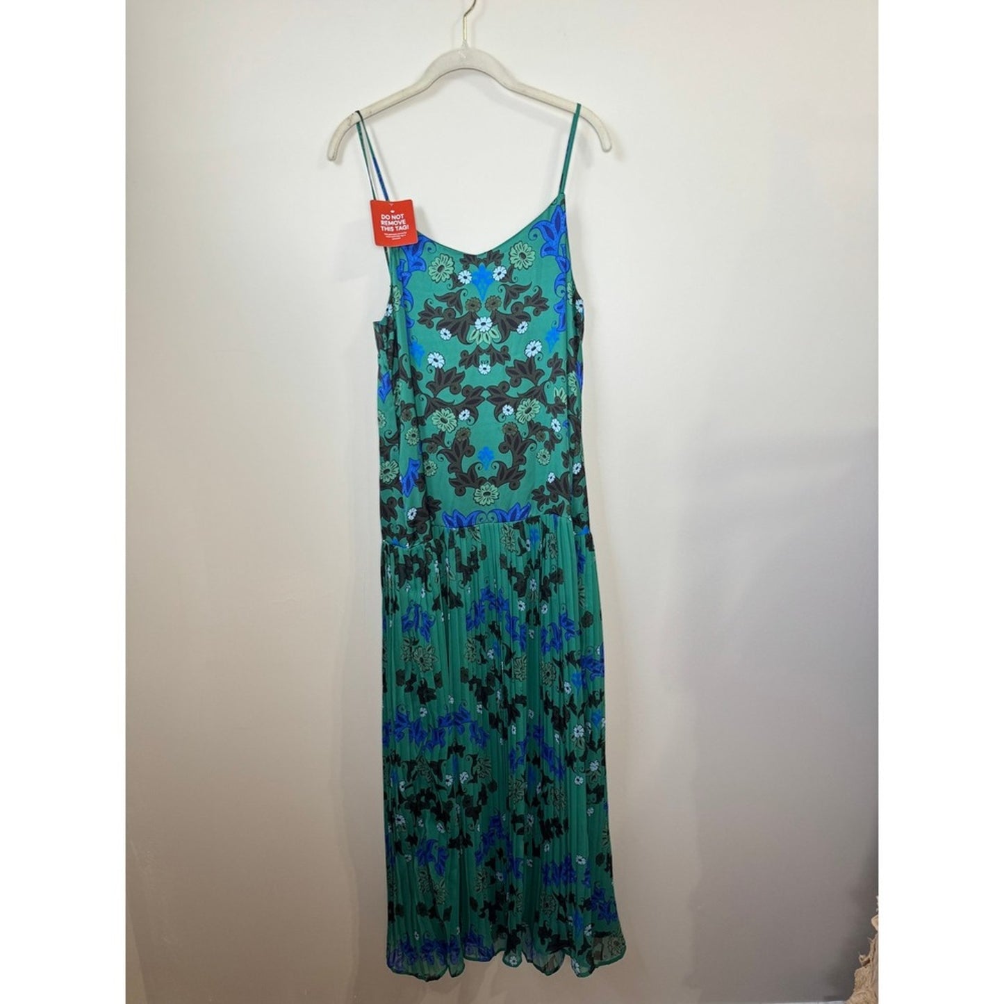 Agua Bendita Pleated Floral Maxi Dress Spaghetti Strap Green Blue M