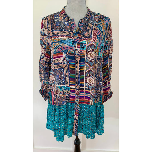 Tolani Button Down Mini Dress Colorful Geometric Size XS Long Sleeve Round Neck