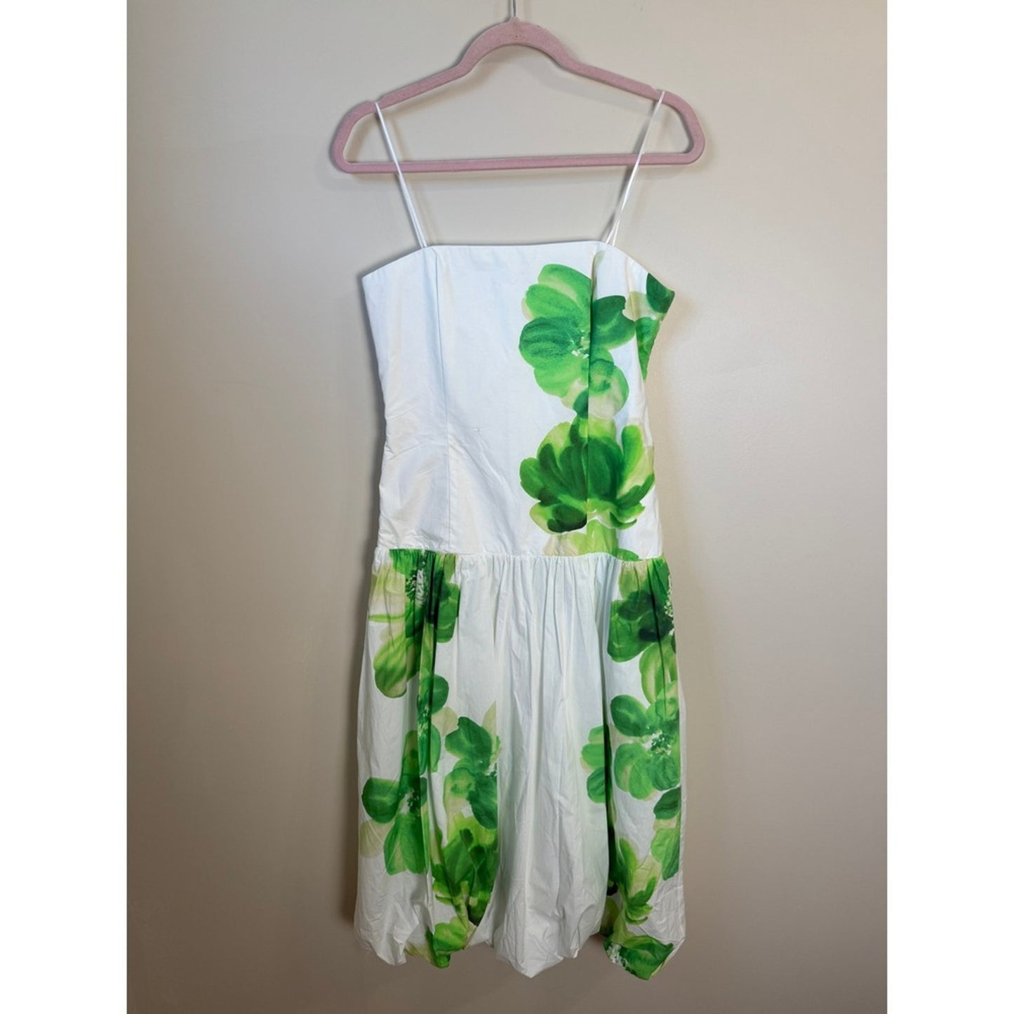 Amanda Uprichard Floral Print Bubble Hem Midi Dress Strapless Green White M