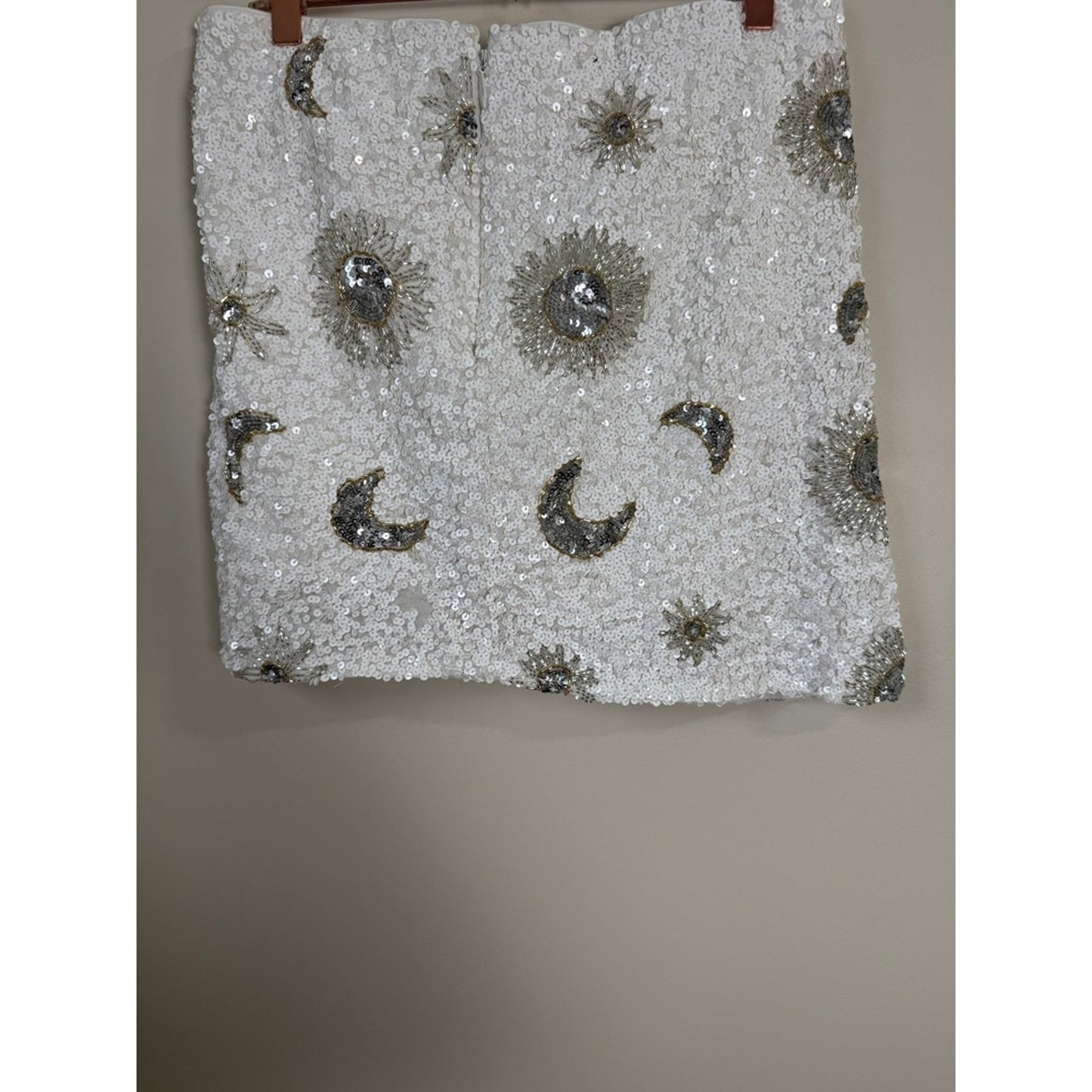 Show Me Your Mumu White Sequin Sun and Moon Celestial Beaded Mini Skirt Silver