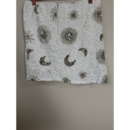 Show Me Your Mumu White Sequin Sun and Moon Celestial Beaded Mini Skirt Silver
