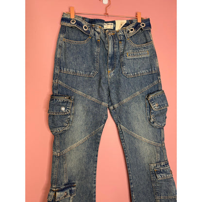 Free People Call Me Crazy Low Rise Flare Cargo Jeans Blue Size 30 Denim Pockets