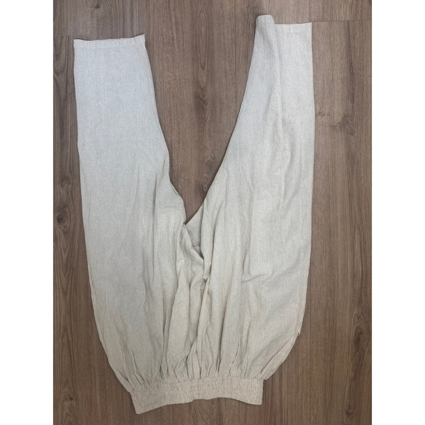 Jaded Gypsy Striped Linen Harem Pants Cream Grey Drop Crotch Boho Tapered Leg L