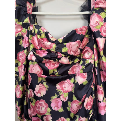House of CB Black Pink Floral Satin Puff Sleeve Mini Dress Size L Rose Print