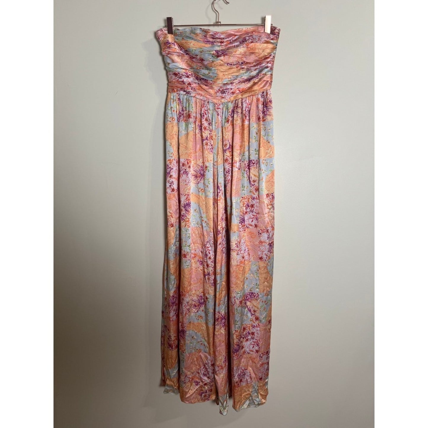AMUR Strapless Wide Leg Jumpsuit Floral Patchwork Ruched Bodice Pink Size 6