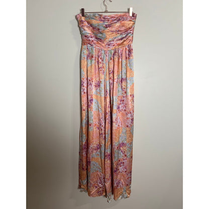 AMUR Strapless Wide Leg Jumpsuit Floral Patchwork Ruched Bodice Pink Size 6