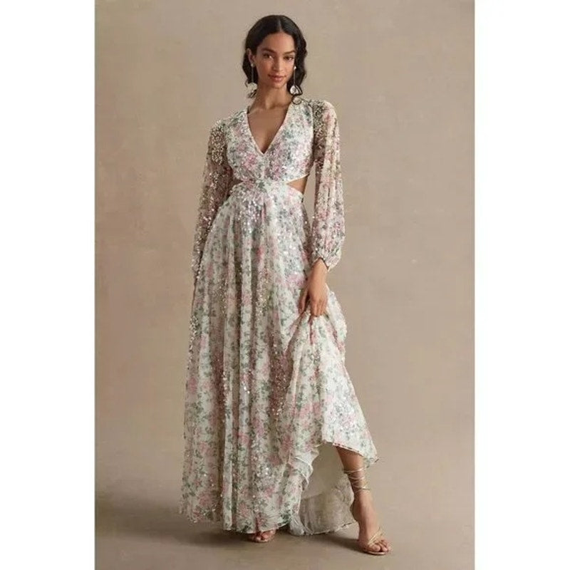 NEW NWT Mac Duggal Floral Sequined Cut Out Lace Up Gown A93746 Size 4