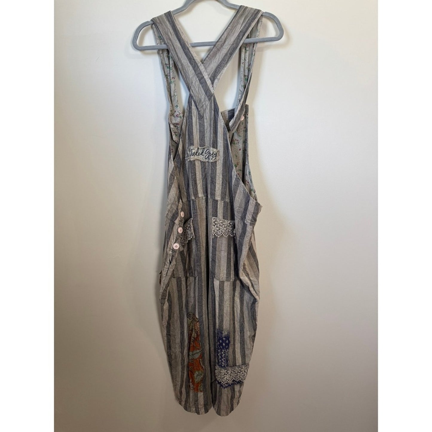 Jaded Gypsy Boho Patchwork Striped Overalls Grey White Lace Trim Slouchy Womens