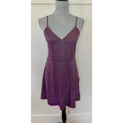 Lulus Glitter Mini Hoco Dress in Purple Metallic Large Spaghetti Strap V-Neck