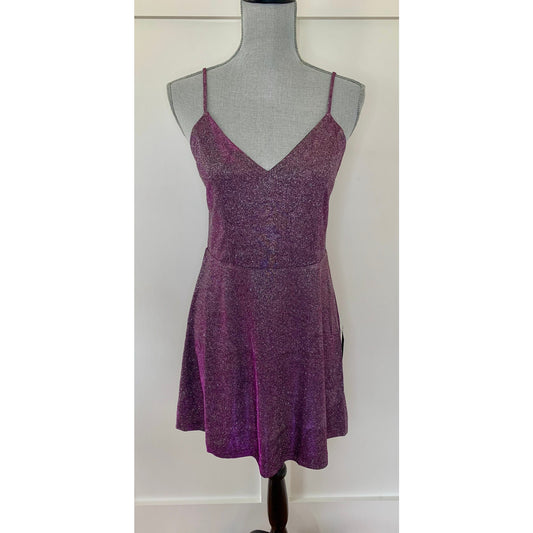Lulus Glitter Mini Hoco Dress in Purple Metallic Large Spaghetti Strap V-Neck