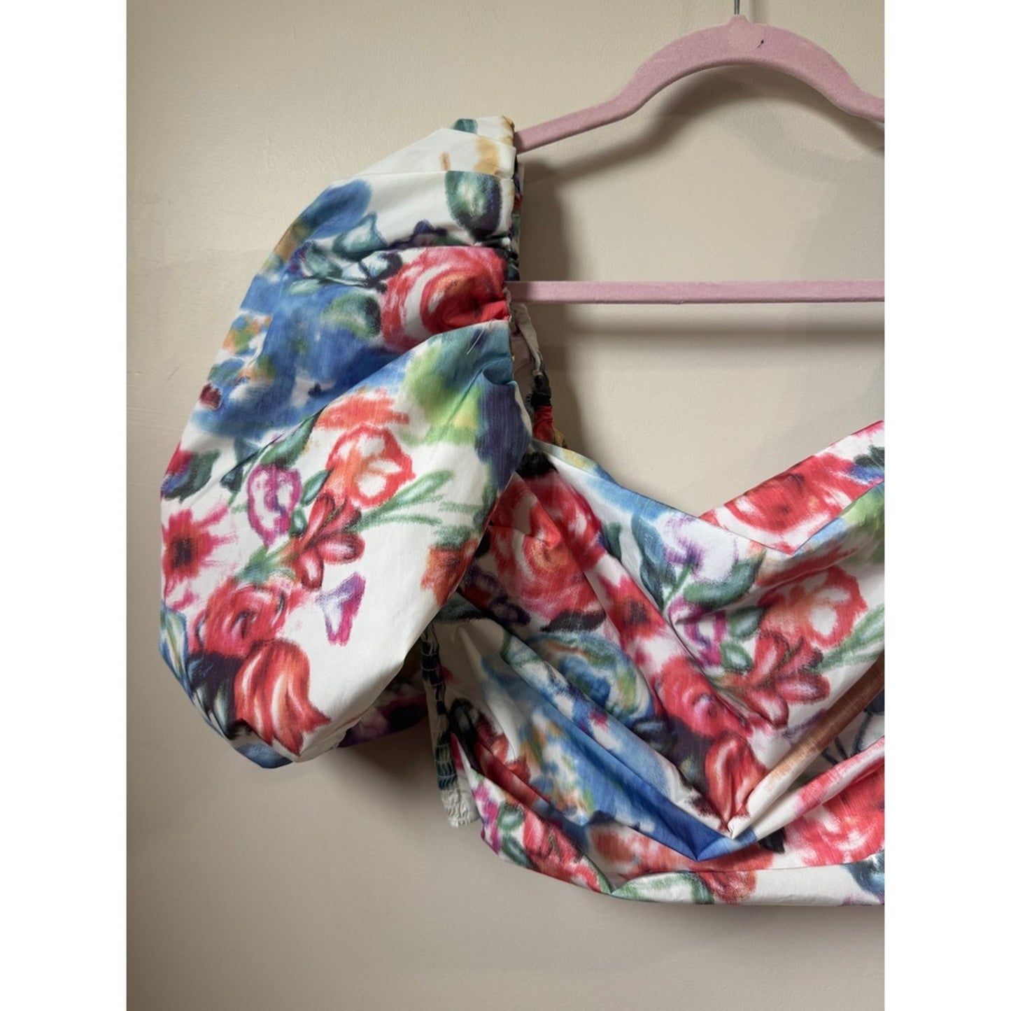 Amanda Uprichard Floral Puff Sleeve Crop Top Multi Color Square Neck Size L