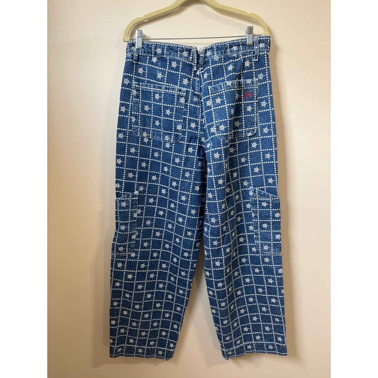 Damson Madder Blue Embroidered Floral Grid Cargo Jeans Wide Leg NWT